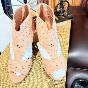 Sugar Peach Laser-Cut Peep-Toe Ankle Booties